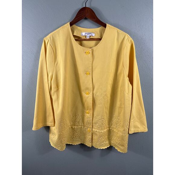 Liz Claiborne Women Size XL Yellow Button Front Floral Embroidered Pocket Blouse - Picture 9 of 11